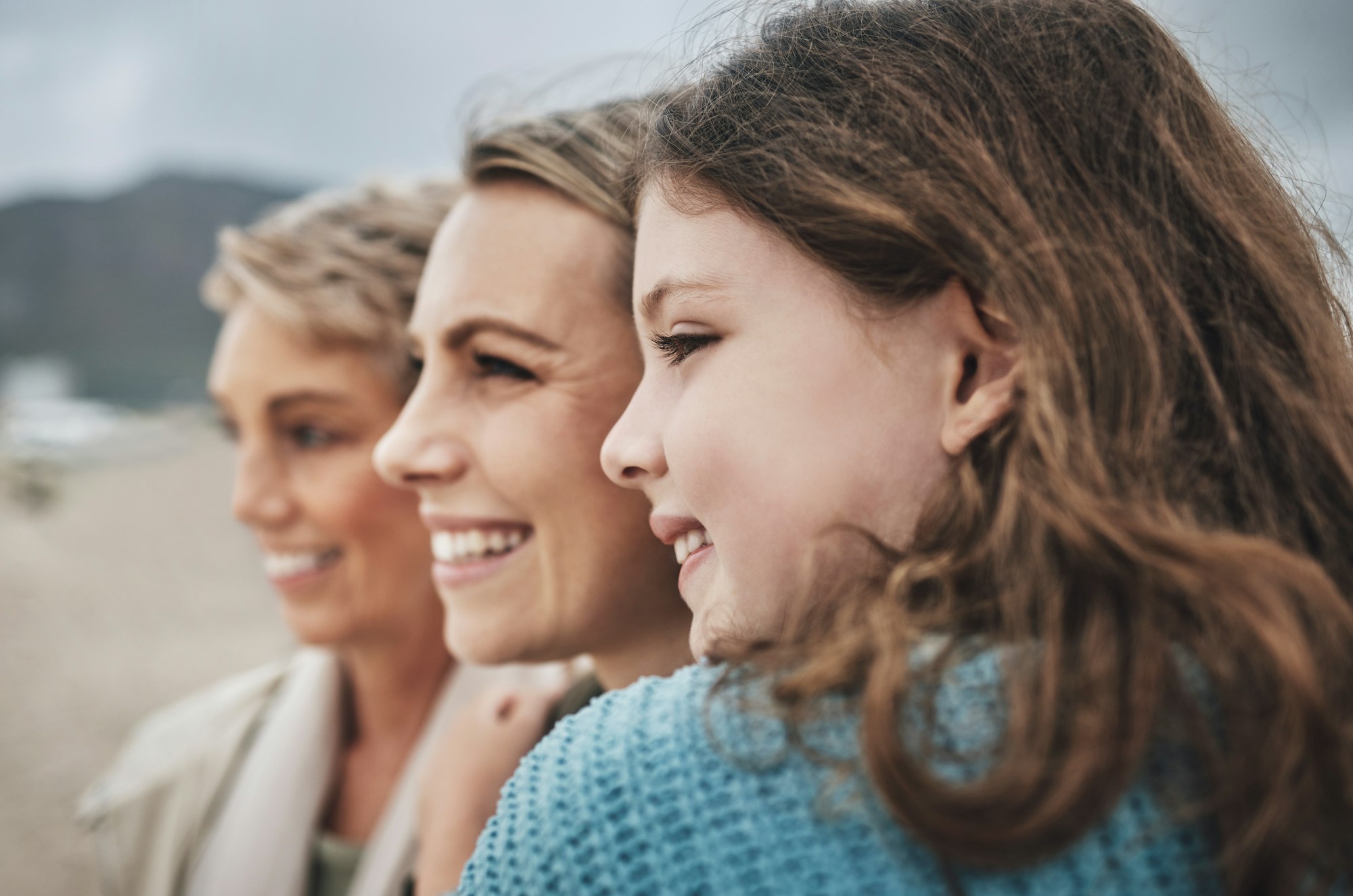 Face, girl, mother and grandma at a beach, relax, travel and family vacation in Florida with multig